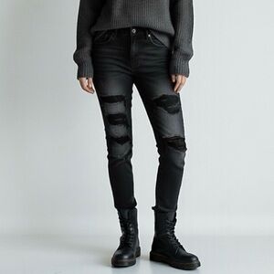 KDNK Distressed Faded‎ Style with Fishnet Black Denim Jeans